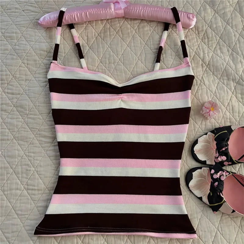 Cute Stripe Camisole Top Summer Women Sweetheart Neck Spaghetti Strap Slim Low Back Crop Top Y2K Aesthetic Streetwear