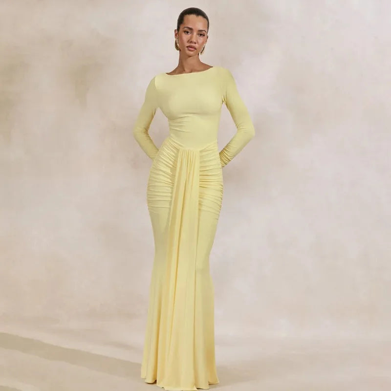 Long Sleeve Draped Front Maxi Dress 2026 Evening Gown White Classy Dresses for Woman Elegant Fall Clothing