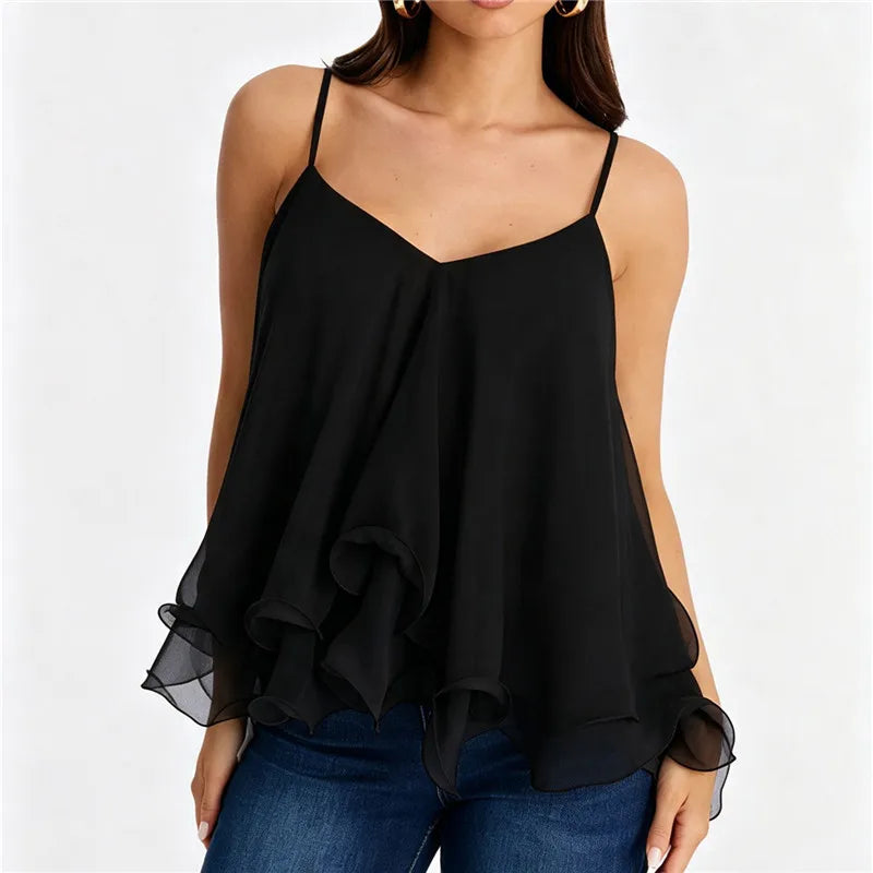 Y2K Fairy Women Chiffon Cami Blouse V Neck Spaghetti Straps Back Bow Tie Ruffle Layered Hem Loose Flowy Party Vest Top