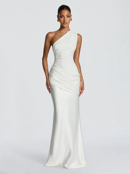 Satin Splicing One Shoulder Draped Maxi Dress Evening Gown Woman Party Dresses Elegant Sexy