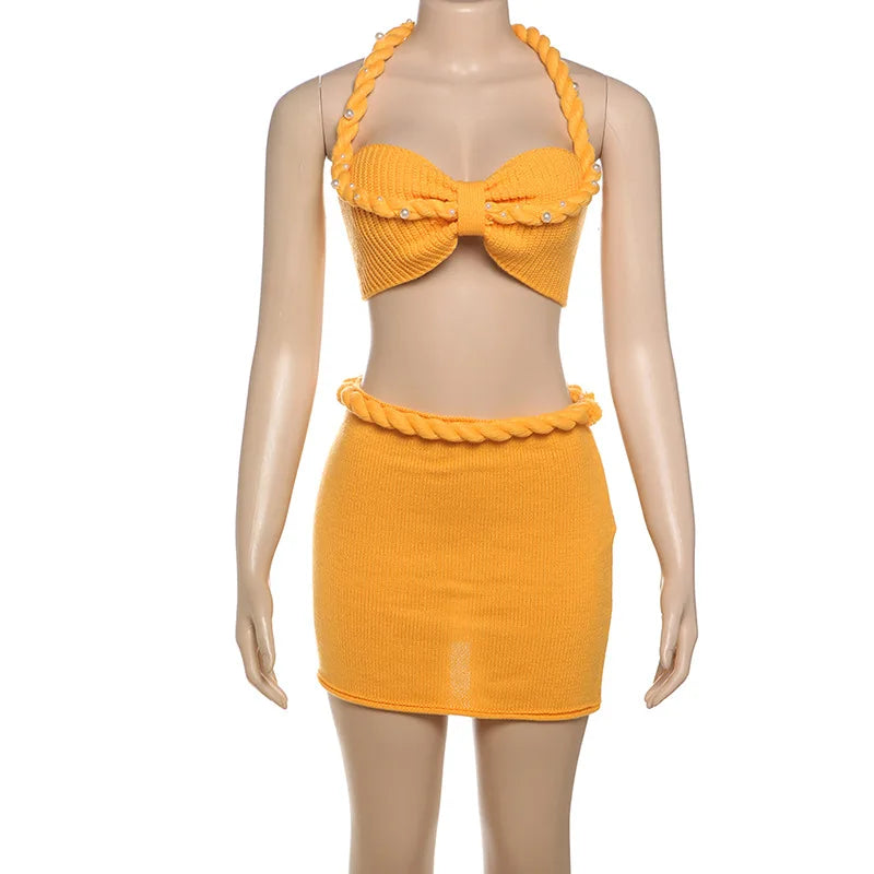 Pearls Twist Knitted Summer Beach 2 Piece Set Chic Women Strapless Halter Lace Backless Crop Tops + Bodycon Mini Skirts