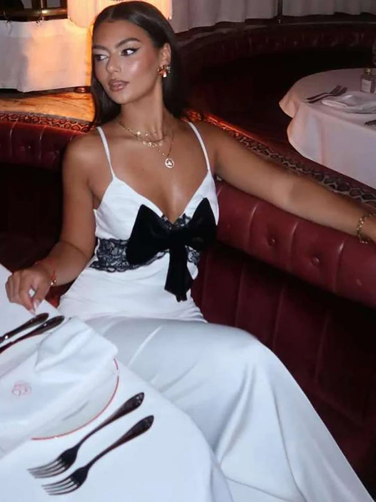 Sexy Bow Jacquard Dress Women Simple Sleeveless V-Neck Midnight Banquet Party Vacation Hipster Stretch Long Bodycon