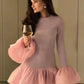 Long Flare Sleeve Knitted Sexy Mini Dress For Women Autumn Winter New Patchwork O Neck A-line Knit Puffy Dress Elegant