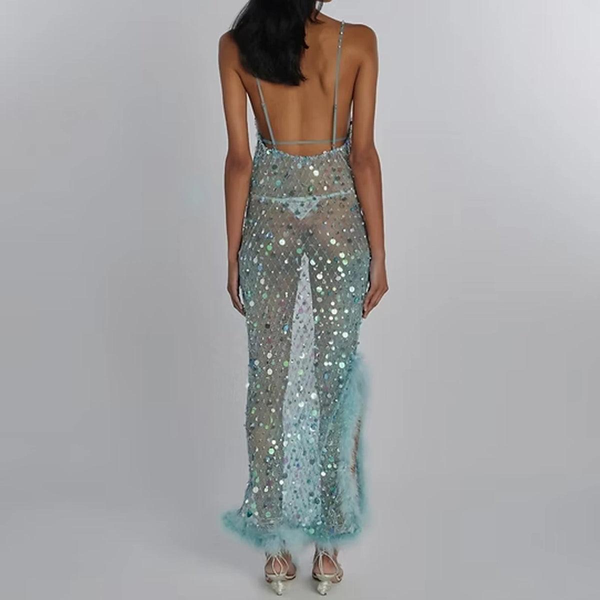 Chic Women Sequin Sheer Mesh Cover Up Dresses See Through Rhinestone Glitter Beach Dresses Summer Bikini Swim Coverups