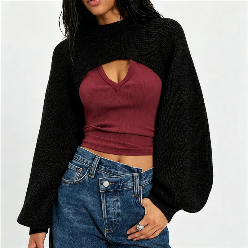 Women's Cropped Knit Shrug Sweater Open Back Round Neck Long Lantern Sleeve Loose Short Knit Top Streetwear Pullover