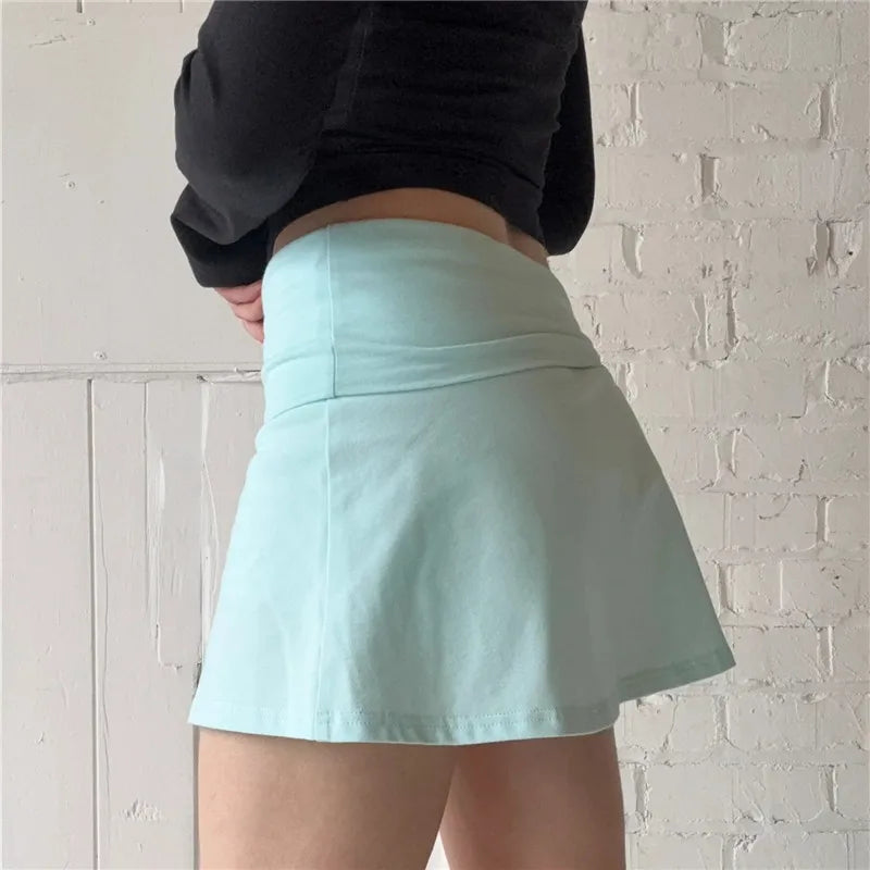 Women Fold Over Waist Skort A Line Mini Skirt With Built In Shorts High Stretch Solid Color Casual Tennis Workout Skirt