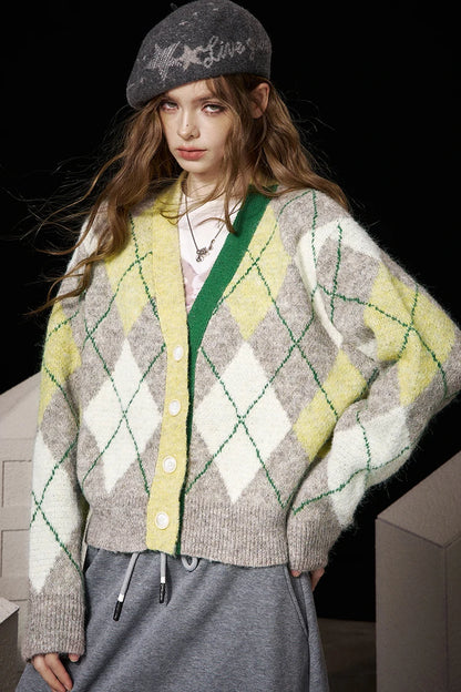 2025 V Neck Cardigan Women, Loose Preppy Wool Blend Sweater, Y2K Diamond Pattern Open Front Knit Top