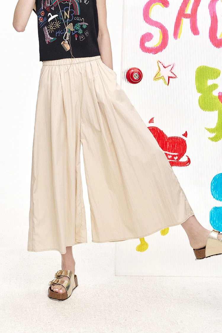 Elastic Waist Pleated Side Pocket Wide Leg Cropped Pants for Women