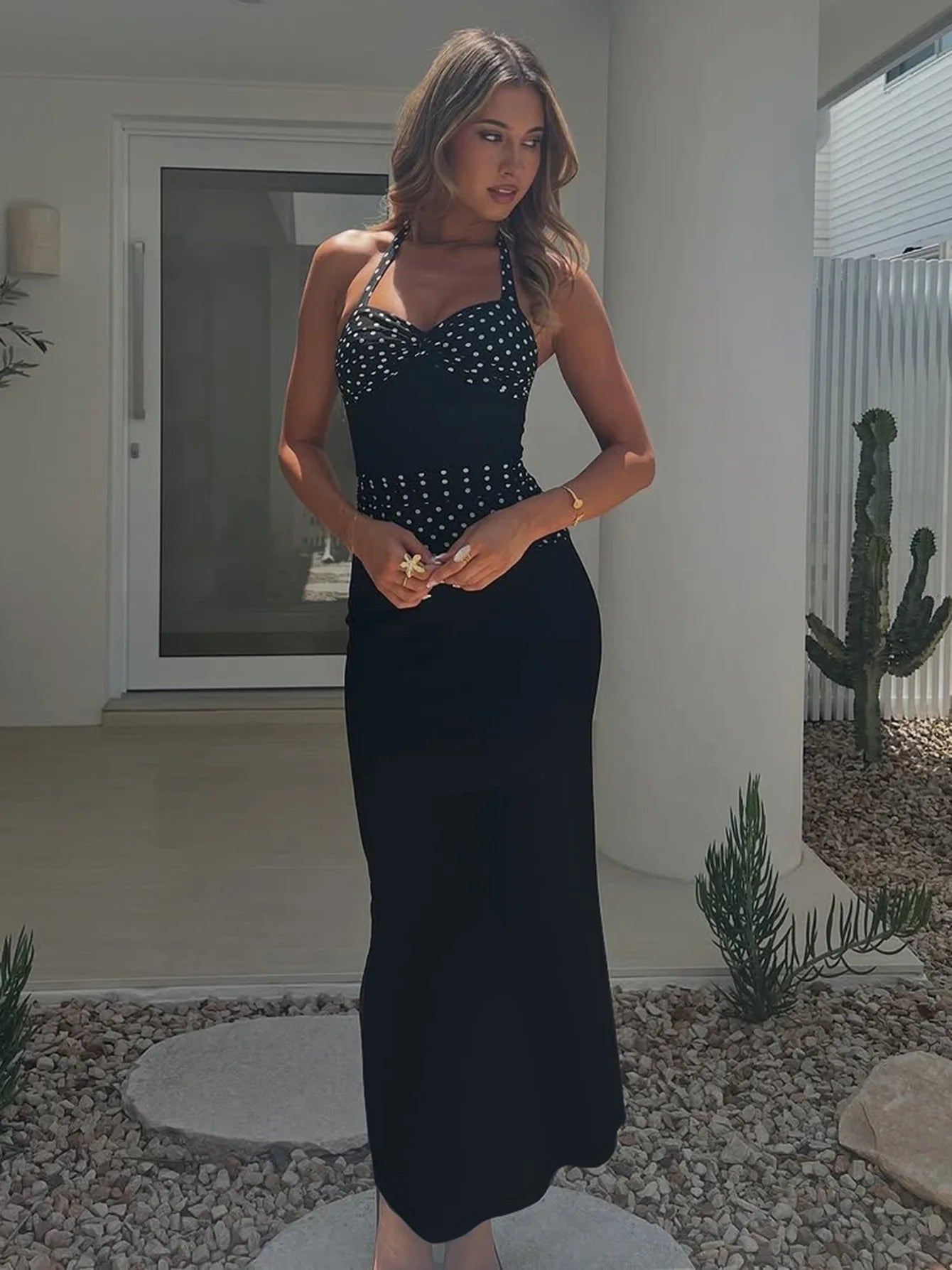 Black Polka Dot Print Halter Backless Maxi Dress 2026 Summer Classic Dresses for Woman Elegant