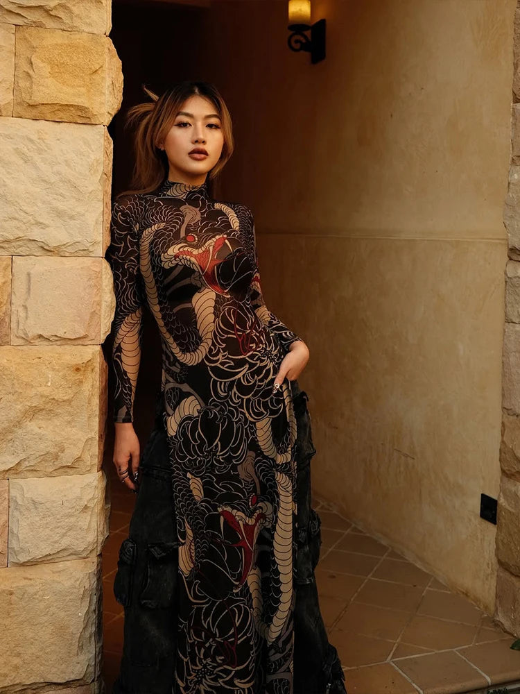 See Through Maxi T-Shirts Women Snake Print Turtleneck Full Sleeve High Split Elastic Sexy Coquette Skinny Clubwear