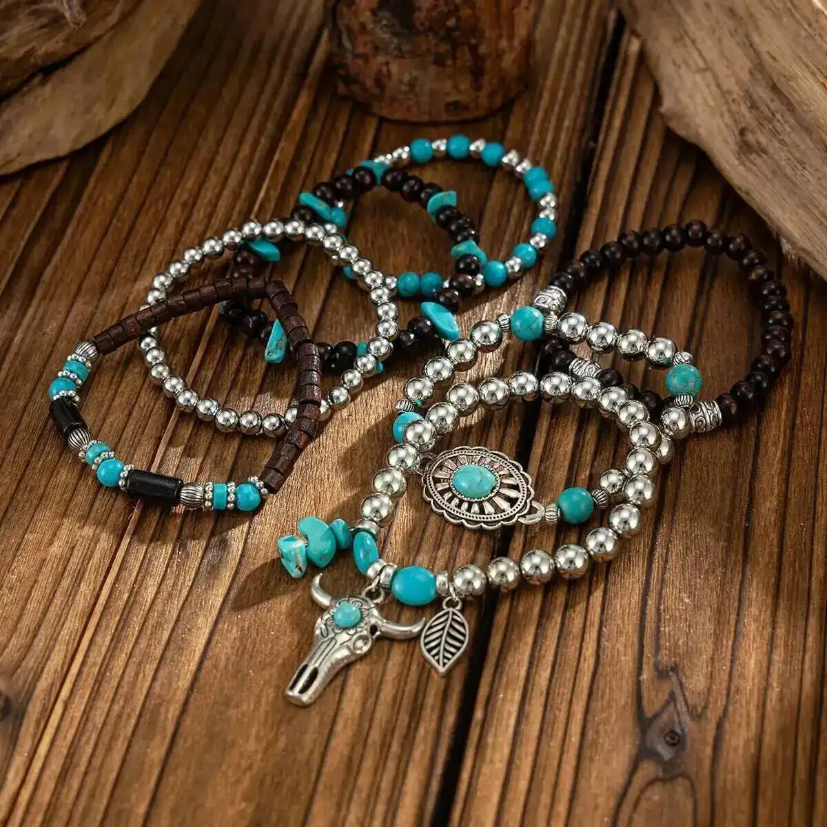 4 Styles Ethnic Boho Wooden Beads Chain Bracelets for Men Vintage Cactus Coin Pendant Elastic Bangles Couple Jewelry