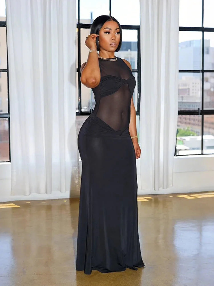 Patchwork Mesh Dress Women Sexy Sleeveless Elegant Knot Butterfly Bra Banquet Party Slim Stretch Activity Vestidos