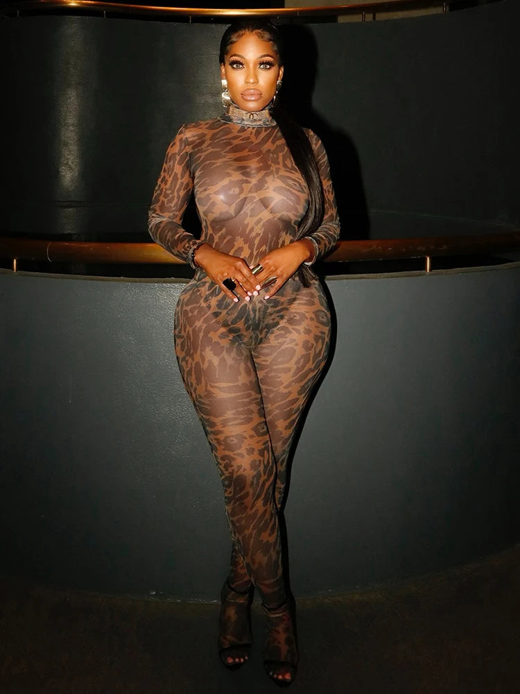 Leopard Print Sexy Mesh 2 Piece Set Women Turtleneck Full Sleeve Bodysuit+Skinny Peach Hip Long Pants Wild Style Suit