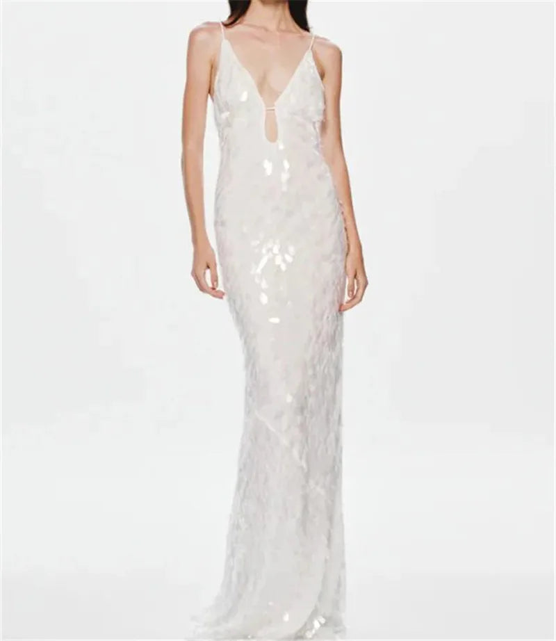 Glitter Sequins Spaghetti Straps Women's Long Maxi Dress Sleeveless Backless High Waist Sexy Evening Birthday Party Gown