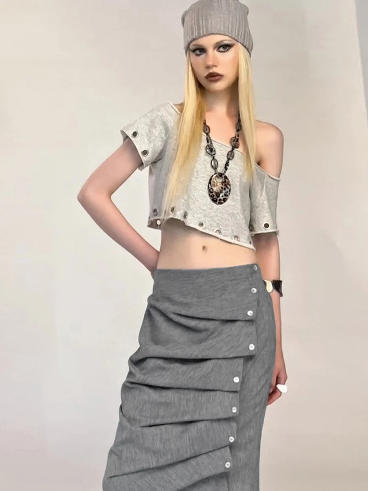 Sexy Ruched Bottom Women Button Zip Mid-Calf Skinny Peach Hip Simple Elegant Wild Collegiate Style Commute Streetwear