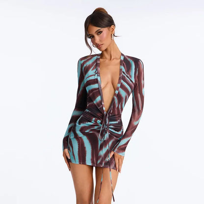 Abstract Printed Fitted Dress for Woman Autumn Winter 2026 Drawstring Deep V Neck Long Sleeve Mini Dresses