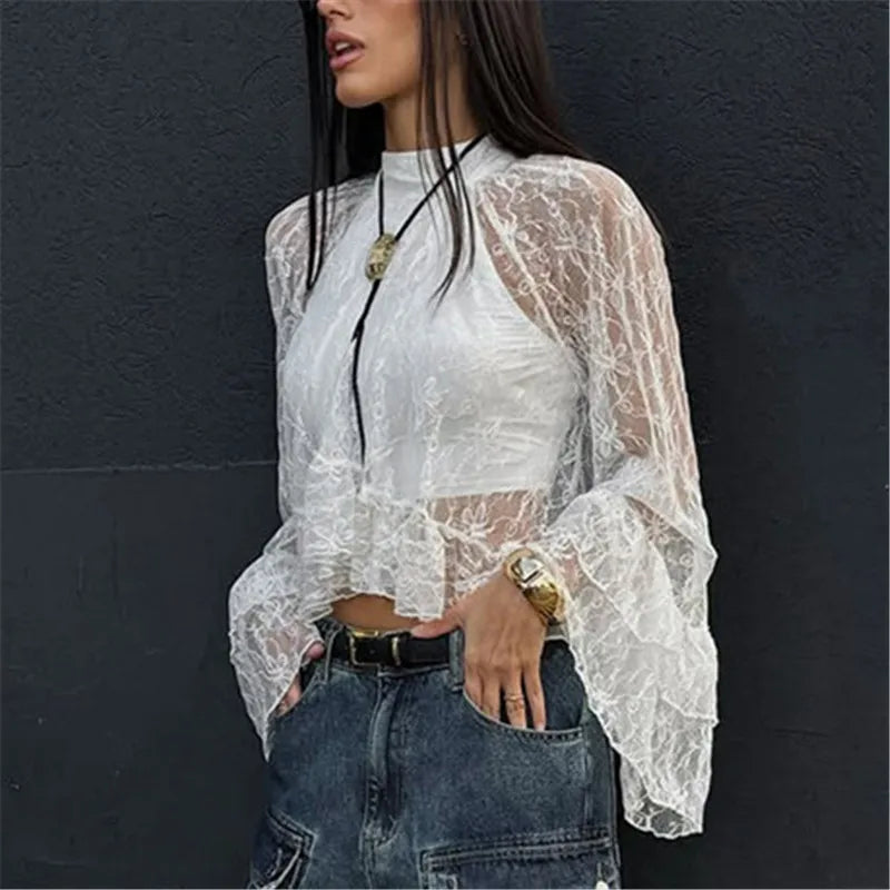 Women's Sheer Shirts Flare Long Sleeve Mock Neck Lace Floral Tops Fashion Ruffled Peplum Hem Cropped Blouse Streetwear