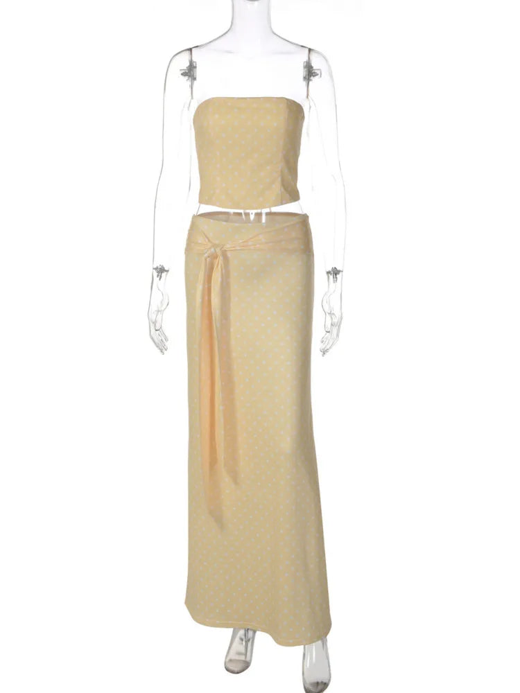 Polka Dot Sexy Two Piece Set Women Off-shoulder Strapless Tank Tops And Maxi Skirt Sets Female Bodycon Club Dress Set