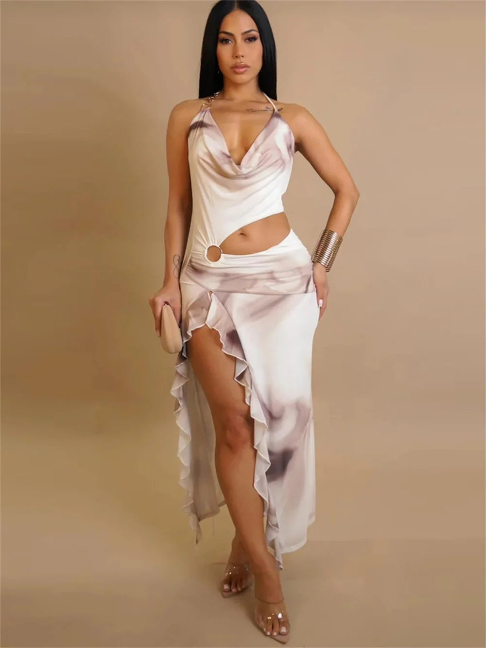 Tie Dye Print Dress Women Halter Sexy Hollow Backless Waistless Split Ruffle Trim Vacation Party Birthday Vestidos