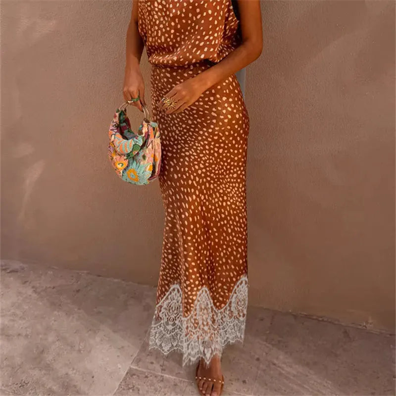 Vintage Floral Print Bodycon Long Skirt Women Polka Dot Lace Spliced Hem High Waist Mermaid Midi Skirt Casual Beachwear