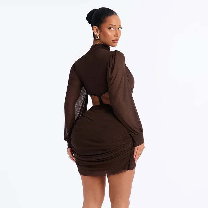 Mesh Sheer Long Sleeve Cut Out Mini Dress Woman Clothing Elegant Sexy Autumn Winter Dresses 2026