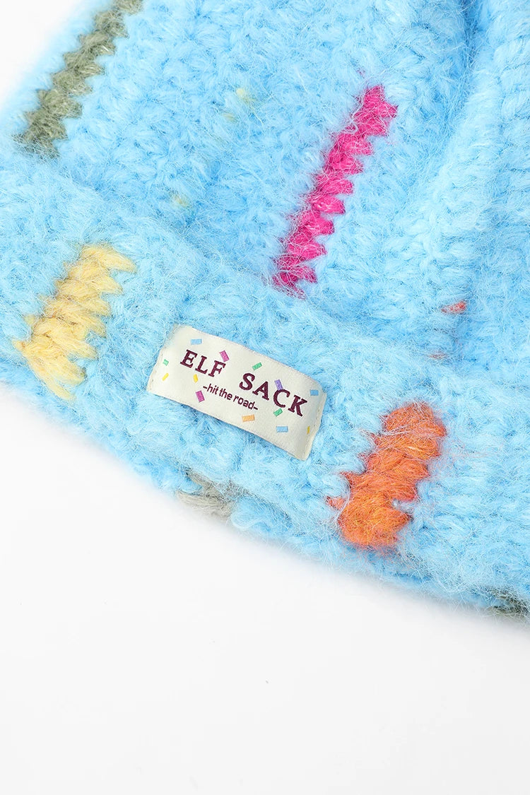 Y2K Cute Color Block Patch Logo Warm Knit Beanie For Women
