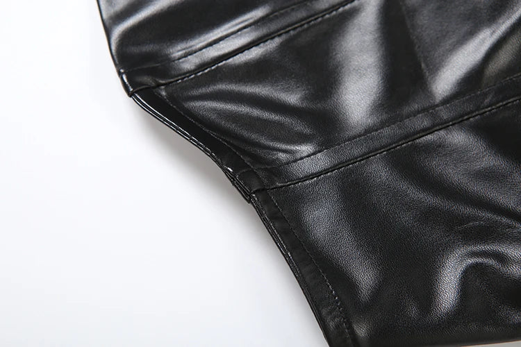 Sexy Punk Pu 2-Piece Set Women Irregular Corset Top+Skinny Zip Shorts Matching Simple Hottie High Street Hipster Clubwear