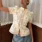 Women Y2K Vintage Lace Shirt Mandarin Collar Frog Button Puff Sleeve Floral Embroidery Cropped Blouse Elegant Casual Top