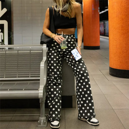 Vintage American Polka Dot High Waisted Wide Leg Jeans for Women Retro Straight Leg Denim Pants Casual Streetwear