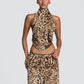 Leopard Print 2 Piece Set Women Hottie Wild Halter Backless Bandages Tank Top+Wide-Leg Pants Fashion Street Suits