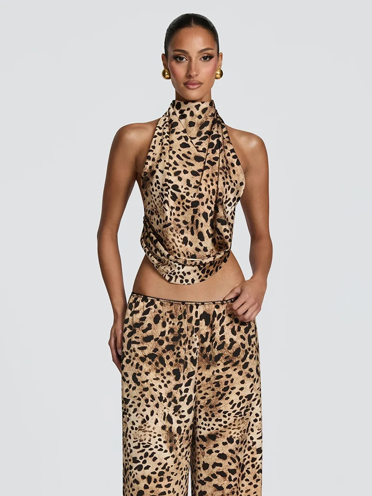 Leopard Print 2 Piece Set Women Hottie Wild Halter Backless Bandages Tank Top+Wide-Leg Pants Fashion Street Suits