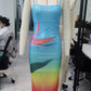 Women's Summer Long Dress U Neck Sleeveless Spaghetti Strap Leaves Pattern Slit Hem Contrasting Color Sequin Slim Dress