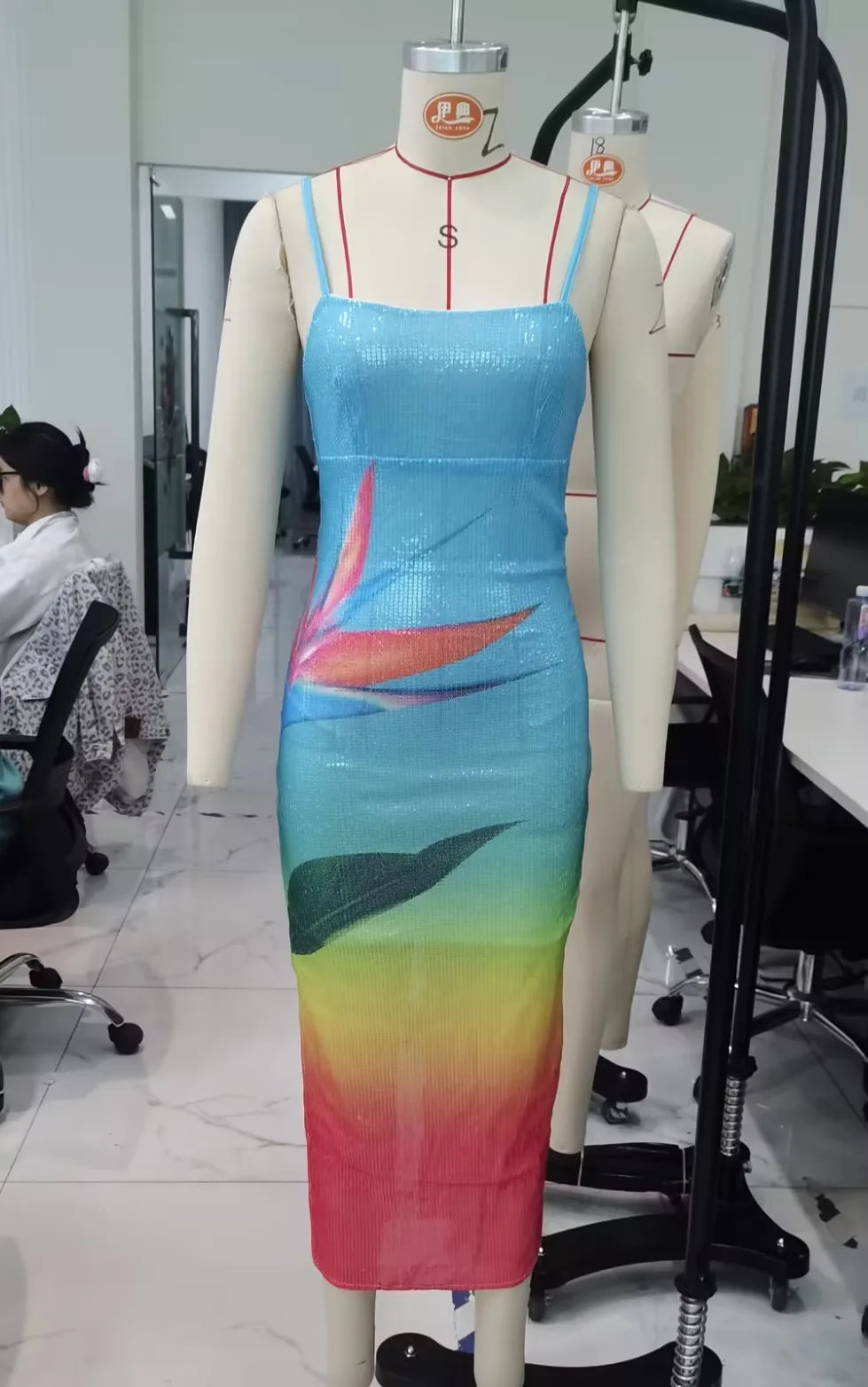 Women's Summer Long Dress U Neck Sleeveless Spaghetti Strap Leaves Pattern Slit Hem Contrasting Color Sequin Slim Dress