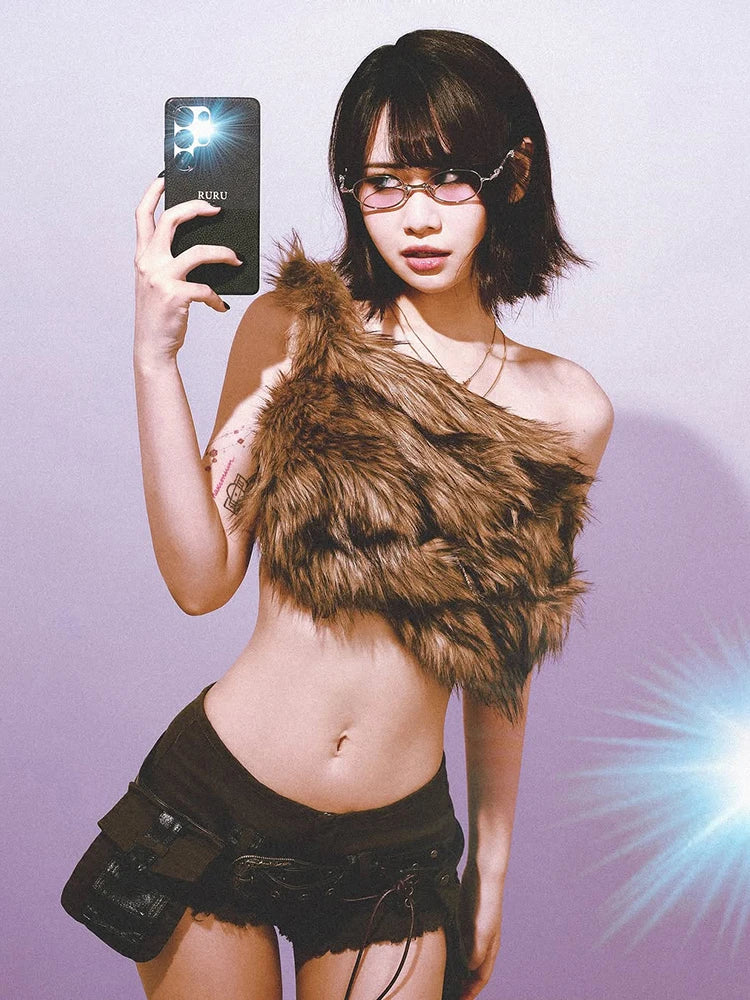 Off-Shoulder High Street Tank Tops Women Sexy Furry Coquette Simple Midnight Party Clubwear Hottie Wild Fashion Vests