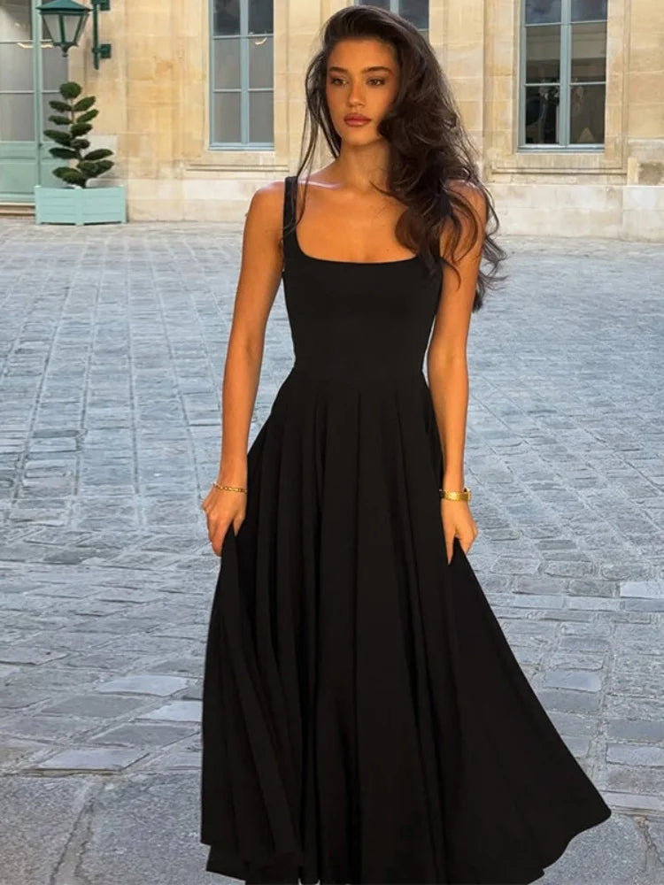 Elegant Square Collar Sleeveless A-line Long Dresses for Woman Summer Solid Color Dressy Dresses