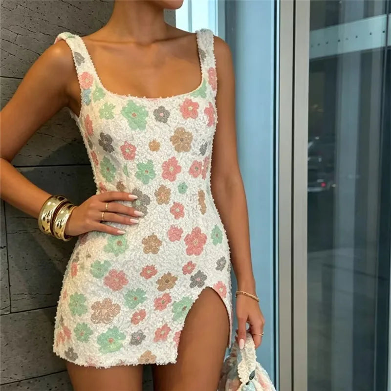 Floral Sequin Square Neck Mini Dress Women Sleeveless Side Slit Bodycon Party Clubwear Sparkly Cocktail Short Dress