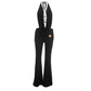 Sexy Black Two Piece Outfit for Woman Open Back Halter Top Metal Buckle Flare Pants Matching Sets Club Wear