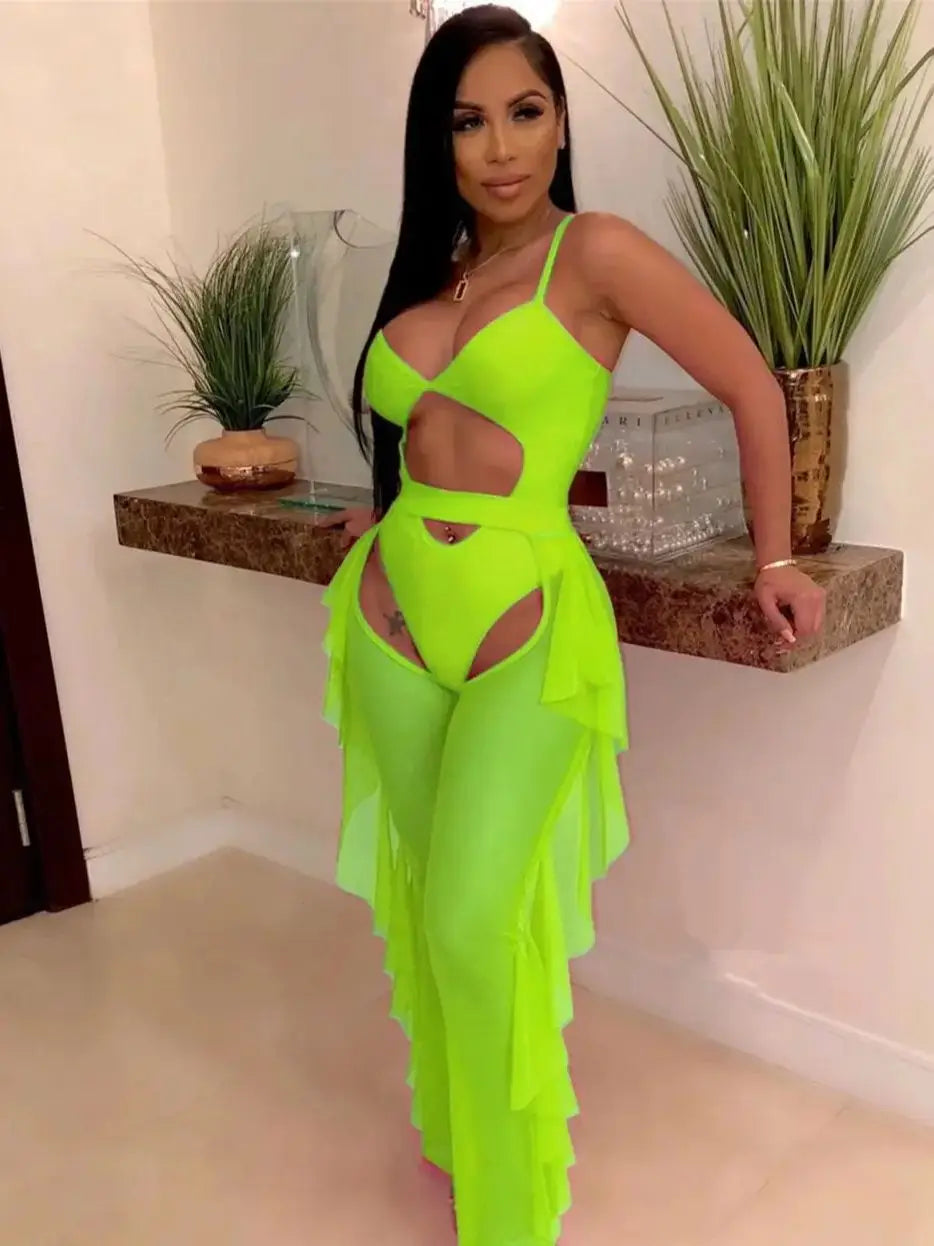 Summer 2 Piece Set Women Sexy Hollow See Through Bodysuit Top+Ruffles Pants Vacation Beach Matching Clubwear Outfits