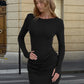 Casual Ruched Elegant Long Dresses Woman Autumn Style Classic o-Neck Full Sleeve Skinny High Waist Robe Basic Vestidos