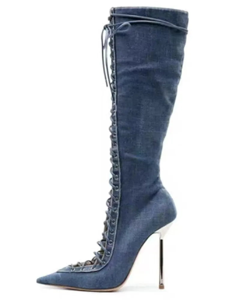 2026Spring/Summer New Lace Up Short Cool Boots Side Zipper Banquet Slimming High Heels Sexy Knee Length Women's Boots
