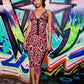 Art Print 2 Piece Set Woman Low-Neck Backless Single-Breasted Camisole Tops+Skinny Peach Hip Crop Pants Sexy Suits