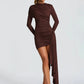 Long Sleeve Draped Ruched Sexy Mini Dress Women Gown Elegant O Neck High Waist Bodycon Club Party Dresses Female