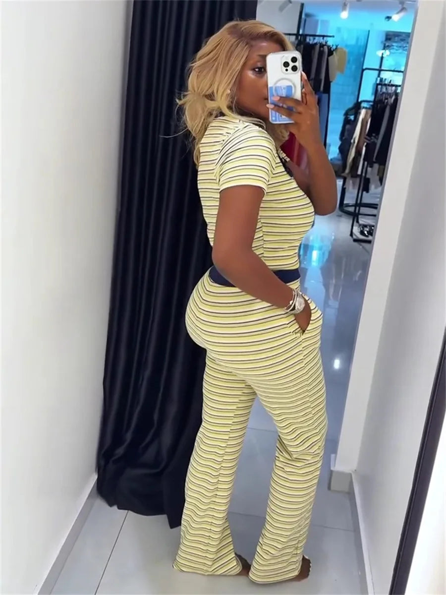Trend Striped Print 2 Piece Set Women Casuals Color Blocking Turn Down Collar Short Sleeve T-Shirt+Pants Street Suits
