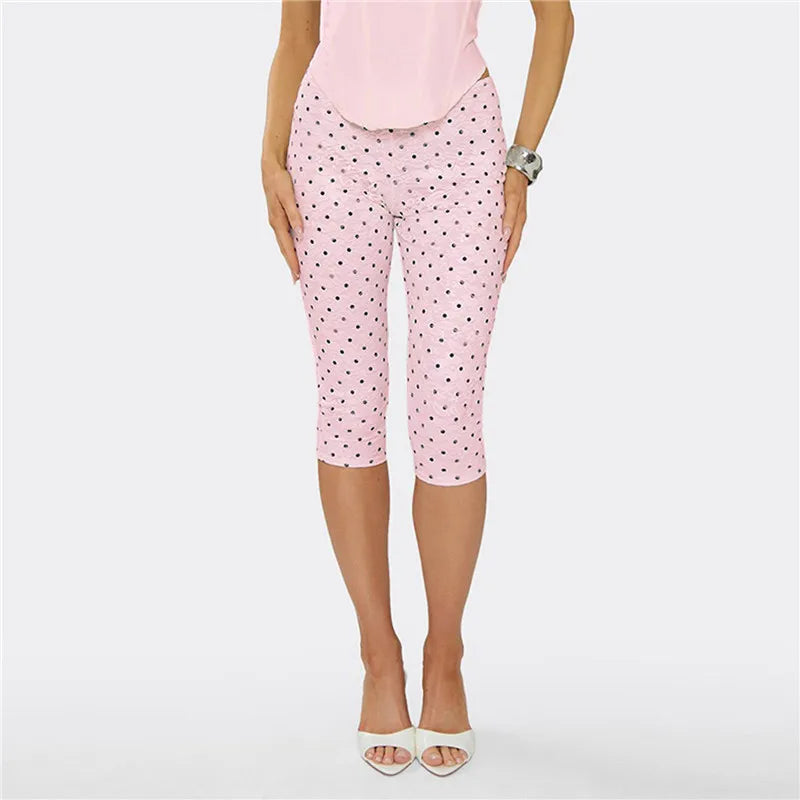 Y2K Retro Polka Dot Lace Capri Leggings Women High Stretch Slim Bodycon Knee Length Cropped Pants Cute Street Bottoms