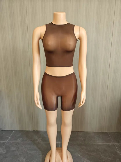 Sexy Midnight 2-Piece Set Women See Through o-Neck Vest+Simple Short High Elasticity Wild Summer Fashion Slim Suit