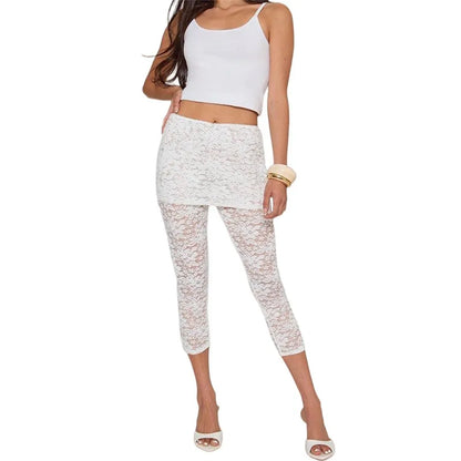 Women Lace Skirted Capri Leggings High Waist Sheer Mesh Cropped Pants Layered Skirt Overlay Slim Fit Party Streetwear Bottoms