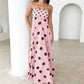 Striped Polka Dot Spaghetti Strap Maxi Dress for Women Square Neck Empire Waist Flowy A Line Dress with Shirred Back