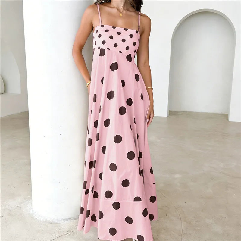 Striped Polka Dot Spaghetti Strap Maxi Dress for Women Square Neck Empire Waist Flowy A Line Dress with Shirred Back