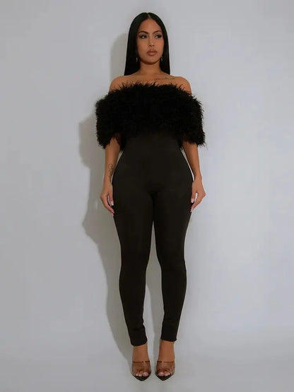 Furry Slash Neck Jumpsuit Women Skinny Fitness Fall Trend Hipster Fitness Elegant Stretch Streetwear Workout Overalls