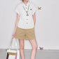 Solid White Collared Shirt, Embroidered Short Sleeve Blouse, Preppy Necktie Decor Casual Top for Women